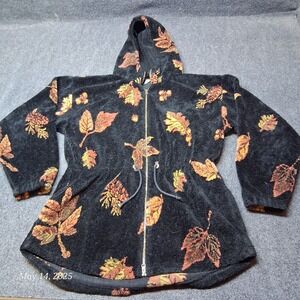 Vintage Mazmania Fall Leaf‎ Fleece Hooded Jacket Women Sz XL Black